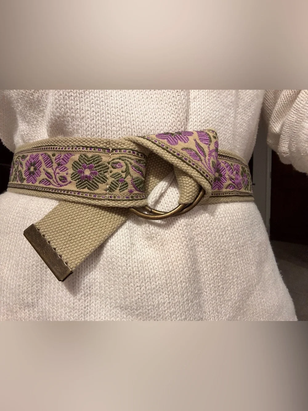 Vintage Floral Woven Jacquard Canvas D-Ring Belt Purple Green Folk Cottagecore